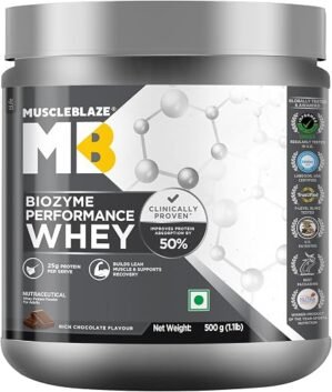 MuscleBlaze Biozyme Performance Whey Protein Powder, 500g (1.1lbs) | Rich Chocolate | 25g Protein Per Scoop | Clinically Tested 50% Higher Protein Absorption