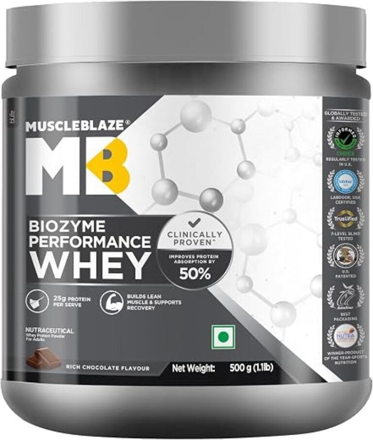 MuscleBlaze Biozyme Performance Whey Protein Powder, 500g (1.1lbs) | Rich Chocolate | 25g Protein Per Scoop | Clinically Tested 50% Higher Protein Absorption