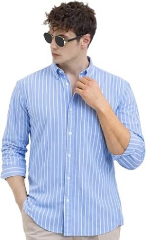 U TURN Men's Casual Printed Striped Stylish Latest Formal Plus Size Shirt for Men | Cotton Mix 220 GSM